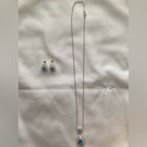 Earrings and Necklace Set using Blue  Glass Stone Color Silver-tone